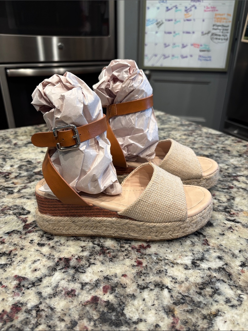 Neutral Beige Canvas Espadrille Sandals with Tan Ankle Strap
